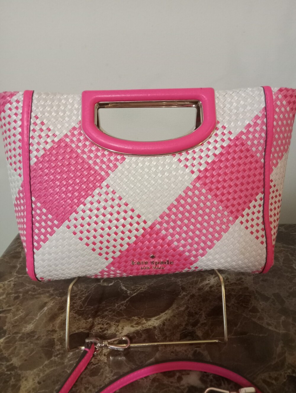 Kate Spade 2way Straw Plaid W Leather Trim EUC